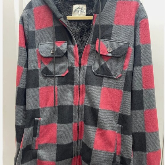 New Men's River Trail Black, Red, Gray Plaid Fleece Lined Hoodie Jacket - Size S - Picture 2 of 5